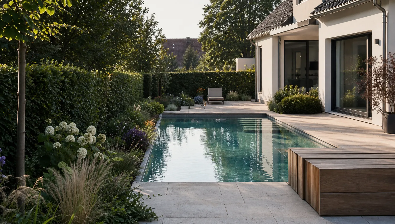 Eingelassener Pool in einem Privatgarten, Visualisierung für Poolbau in Schwetzingen